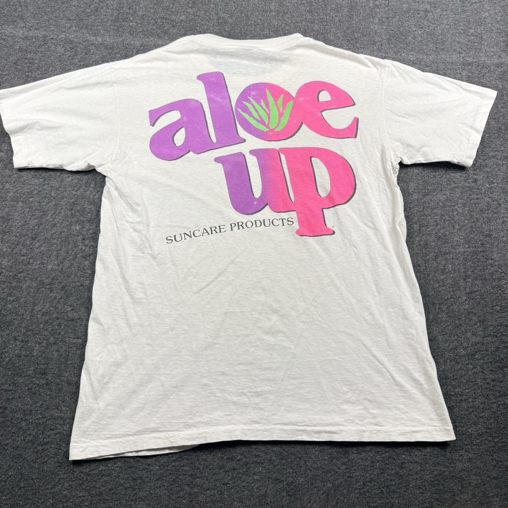 Vintage Aloe Up Shirt Mens XL White Single Stitch Oneita Made USA Suncare Tee